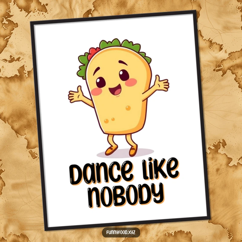A vibrant poster featuring a funny taco person joyfully doing a silly dance, ideal for wall decor.