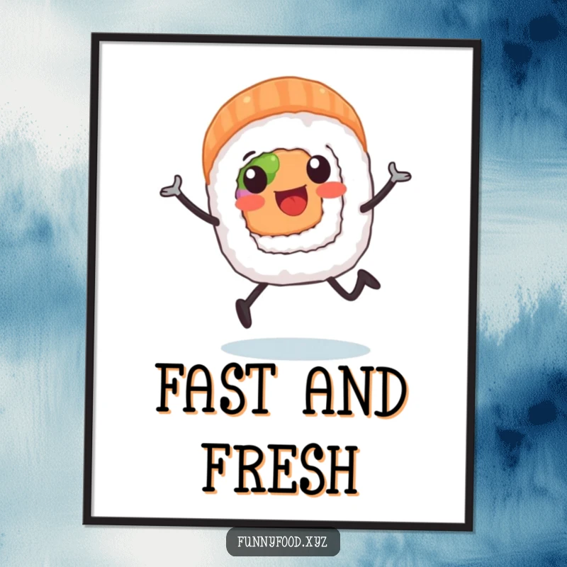 A vibrant poster featuring a happy sushi roll with legs running enthusiastically, capturing motion and joy.