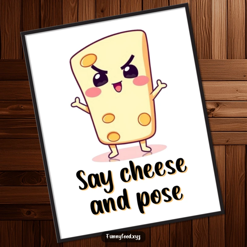 A determined slice of cheese striking a silly pose, full of character and humor, creating a fun poster.