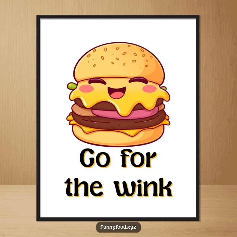 Funny cheeseburger poster, illustrating a giggling cheeseburger winking with melting cheese, fun and humorous wall art.