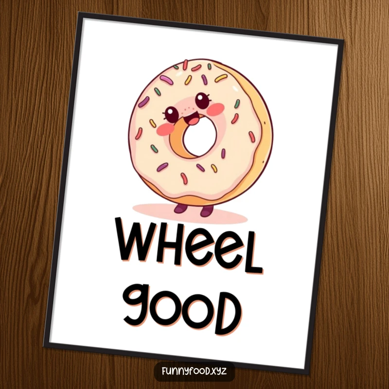 Funny poster art of a giggling donut with sprinkles, energetically doing a cartwheel, creating a fun and vibrant theme.