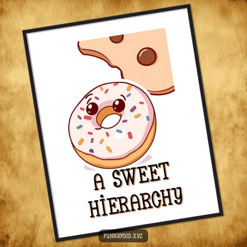 Funny doughnut poster, covered in sprinkles, curiously looking up at a cookie, a humorous and charming piece of food art.