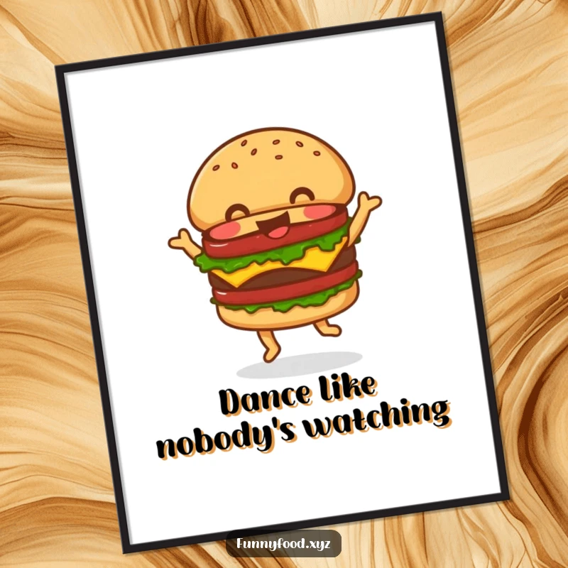 Funny Poster of a jolly hamburger engaged in a happy, energetic dance, creating a visually amusing and cheerful wall decoration.