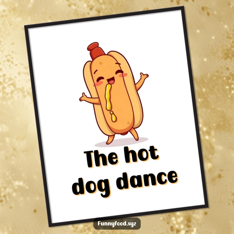 Funny hot dog poster, doing a playful shimmy, with a dribble of mustard, a humorous and energetic piece of food art.