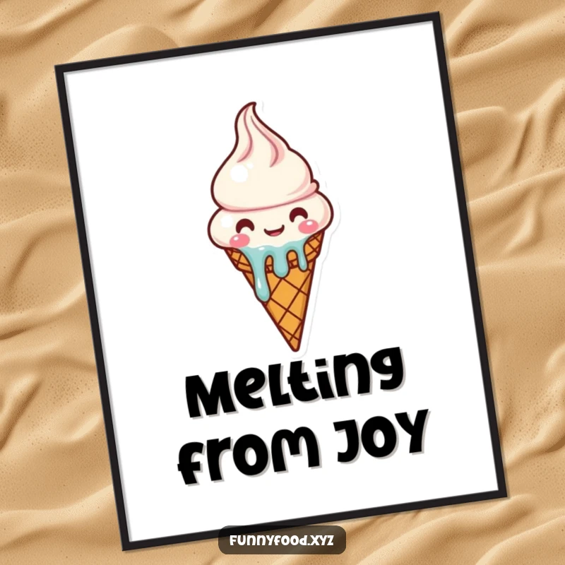 Funny melting ice cream cone poster character melting adorably, cheerful and uplifting wall art.