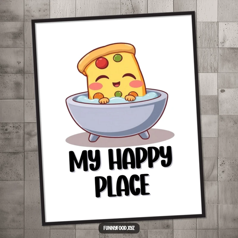 Funny pizza slice poster, illustrating a joyful pizza that is taking a relaxing bath, perfect humorous wall decor.