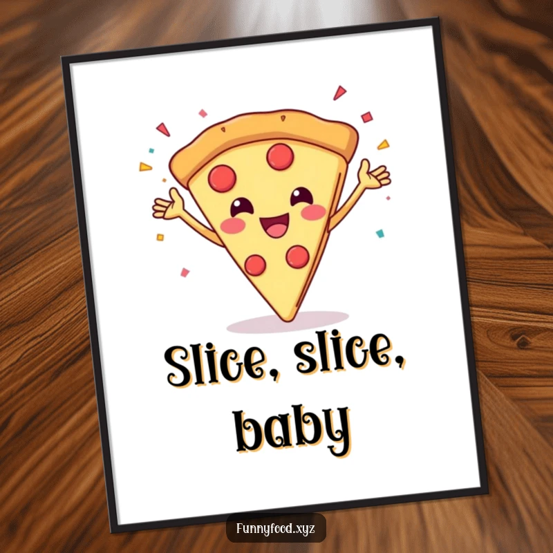 Funny poster of a grinning pizza slice throwing confetti, bringing party vibes to any room.