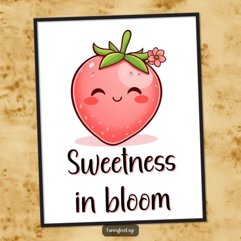 Funny wall art poster of a plump strawberry with a shy smile, delicately offering a tiny flower, conveying sweetness and kindness.