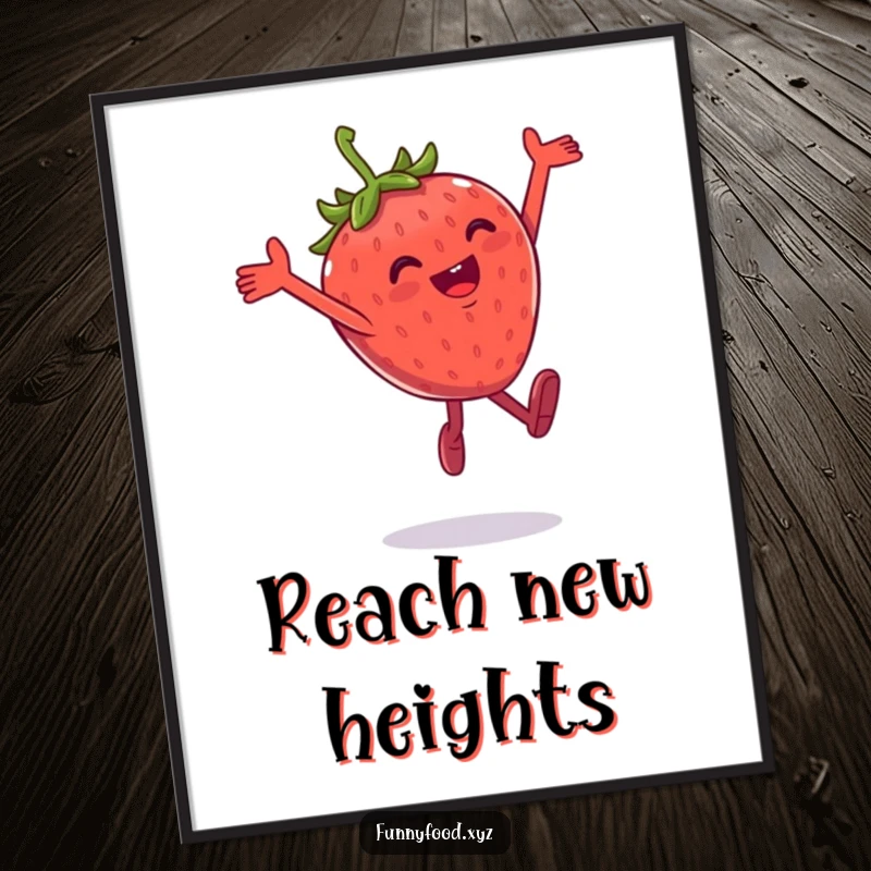 Funny poster art of a gleeful anthropomorphic strawberry performing a dynamic, playful leap high into the air.