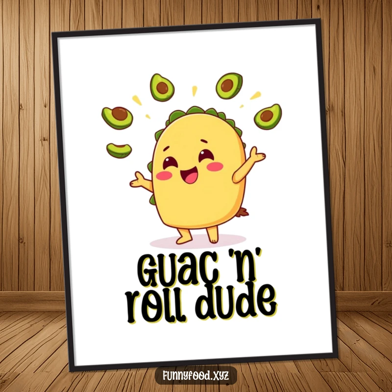 Funny Taco Avocado Poster: A vibrant print of a cheerful taco joyfully juggling small slices of avocado, celebrating delicious ingredients.