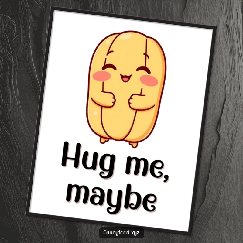 Funny hot dog bun poster with a happy bun embracing the viewer, adding a touch of food-themed humor to any wall.