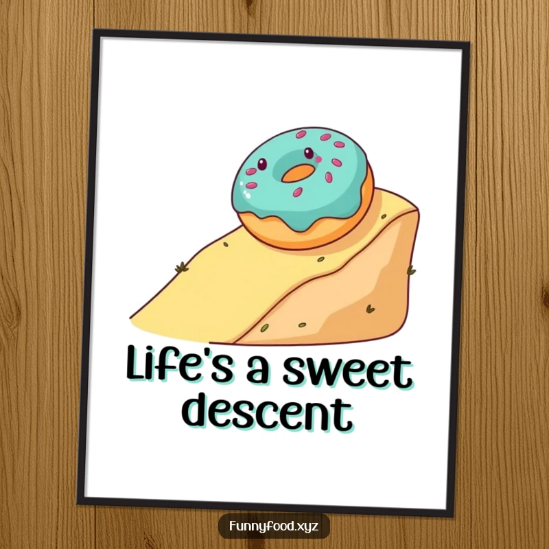 Funny poster art of a gleeful donut rolling down a hill, conveying a sense of sweet freedom and joy.