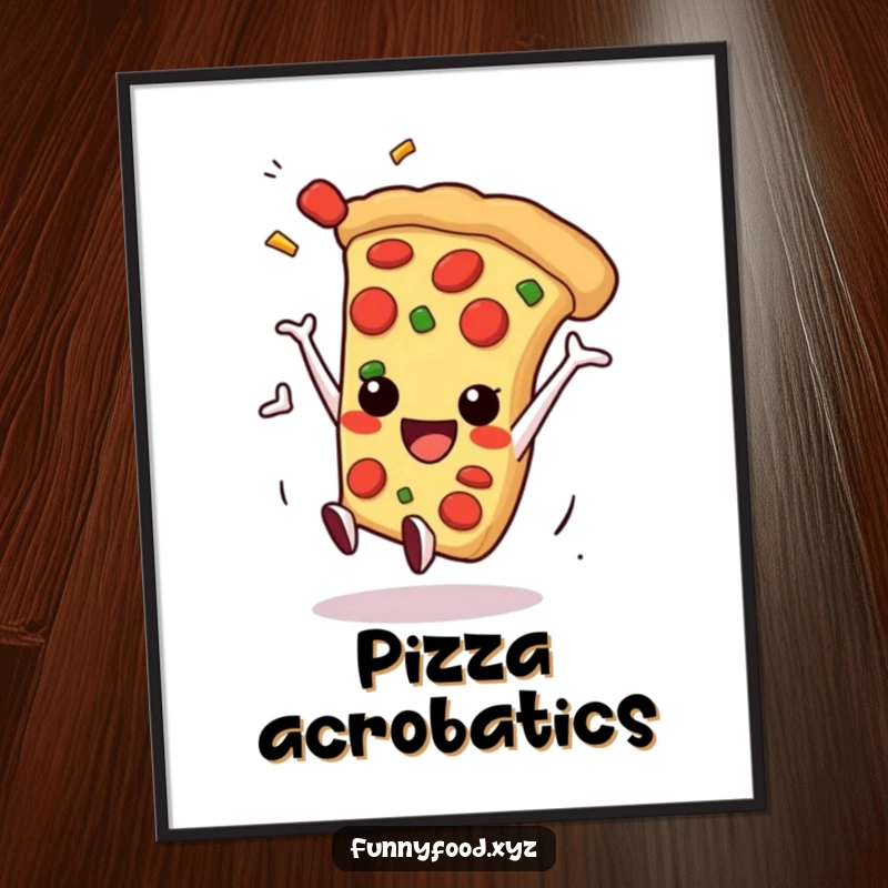 Funny pizza slice doing a playful somersault with toppings flying, capturing a moment of delicious, energetic action.