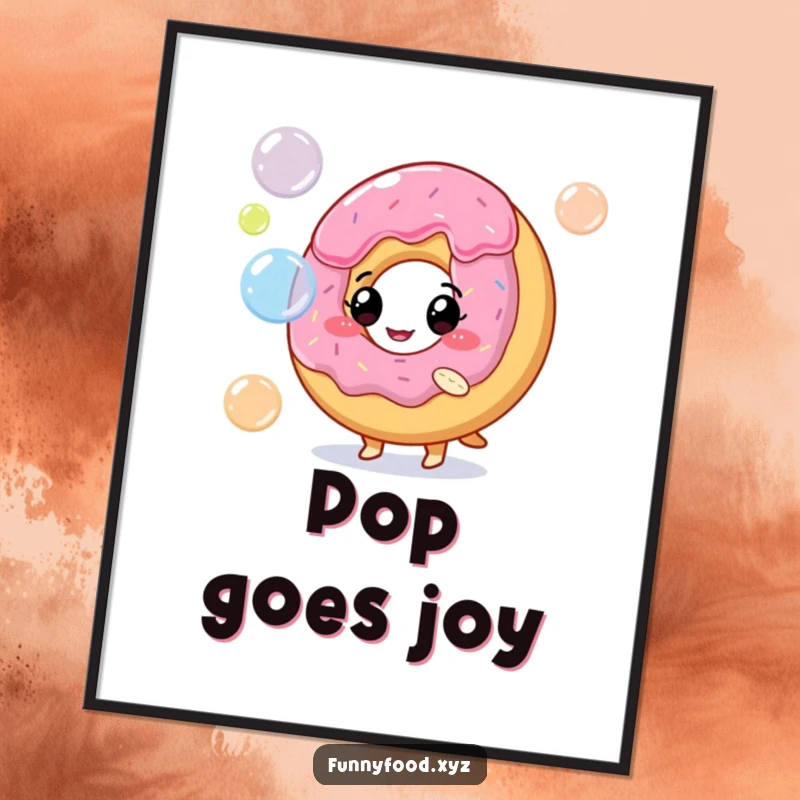 Funny poster print of a smiling donut character blowing a multitude of colorful, buoyant bubbles.