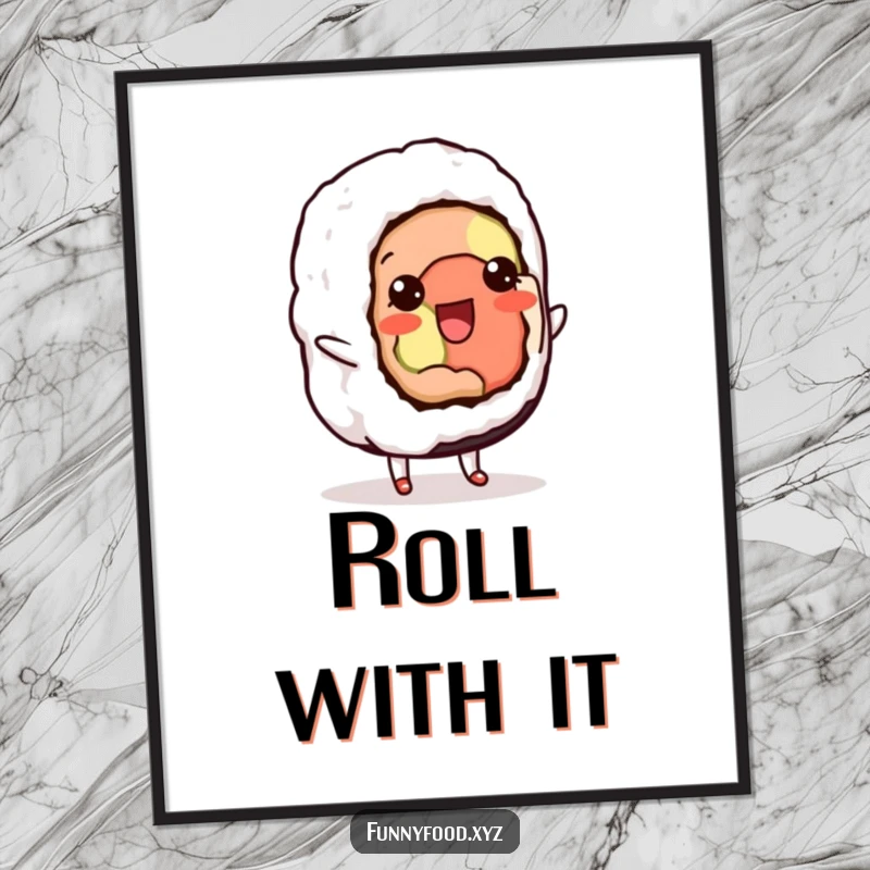Funny poster capturing a delighted sushi roll doing a charming shuffle, radiating pure joy and playful dance.