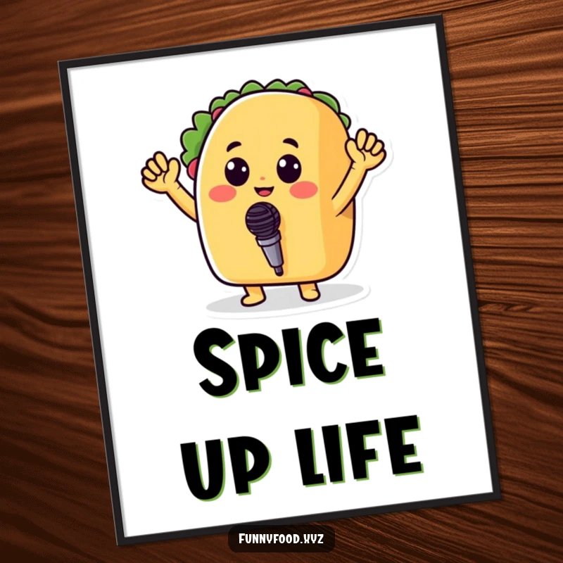 Funny poster of a cheerful taco with arms waving, holding a small microphone, embodying the spirit of a singing sensation.