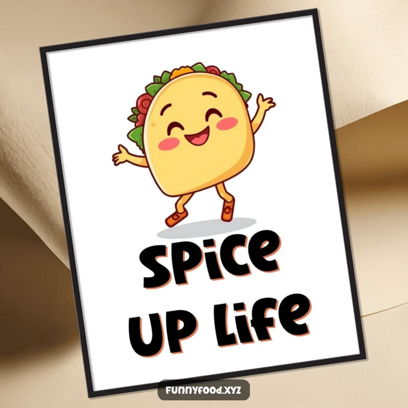 Funny poster print of a smiling taco with legs doing a goofy salsa dance, perfect for vibrant food-themed decor.