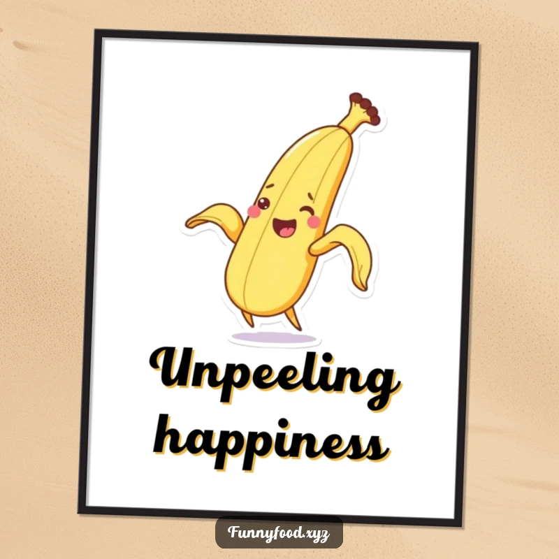 Funny vibrant banana peeling poster, energetic and cheerful wall art for any room.