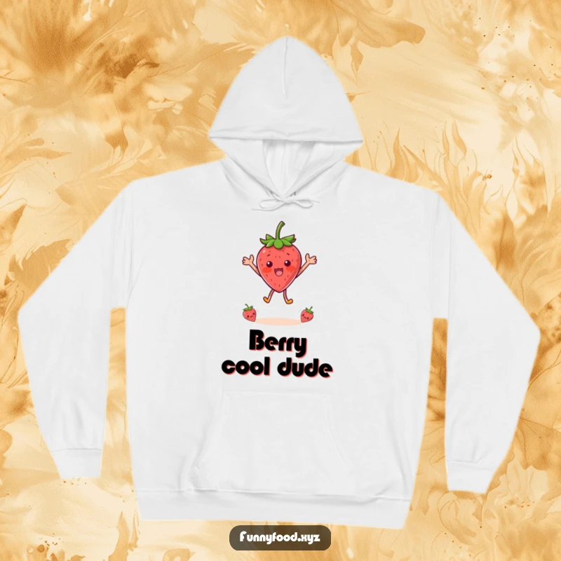 Funny hoodie depicting a surprised strawberry character caught mid-leap, radiating happiness and playful energy, perfect for cozy, funny moments.