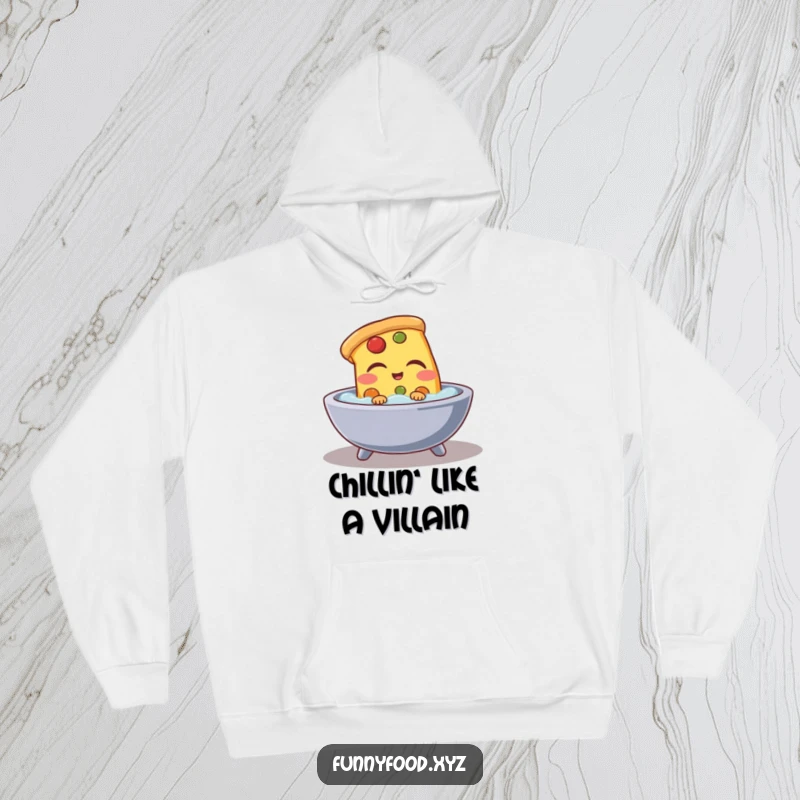 Funny pizza slice hoodie, depicting a joyful pizza slice relaxing in a bath tub, perfect humorous apparel for cozy evenings.