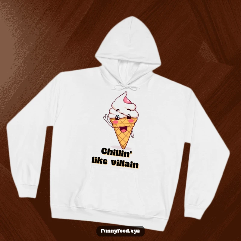 Funny Ice Cream Hoodie featuring a goofy ice cream cone waving its scoop, offering warmth and fun.