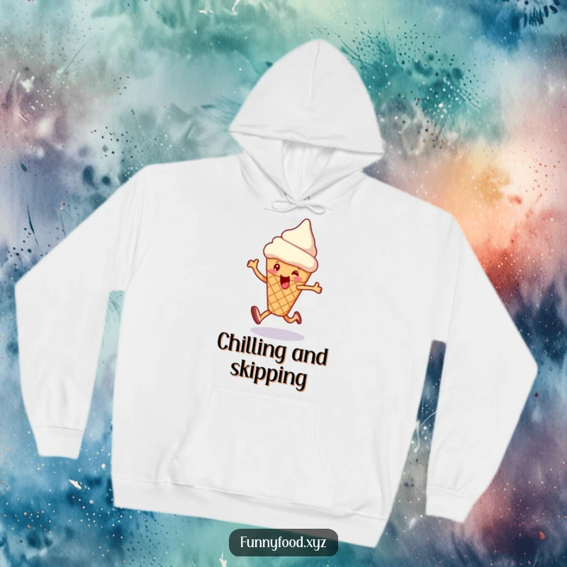 Funny hoodie featuring an enthusiastic ice cream cone doing a happy skip, perfect for staying warm and amused.