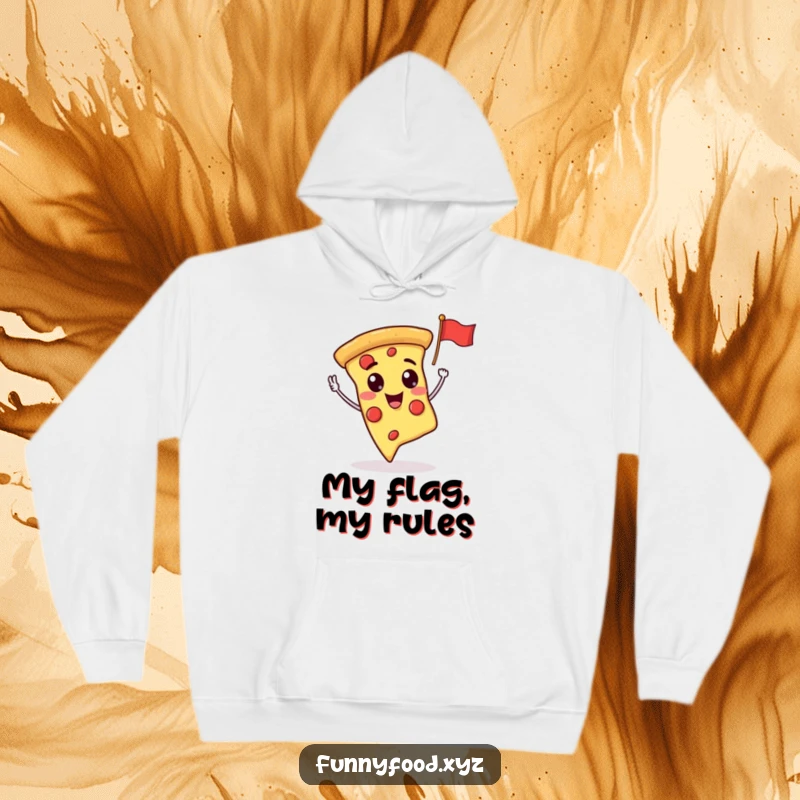 Funny, smiling pizza slice enthusiastically waving a small flag, depicted on a soft, warm hoodie.