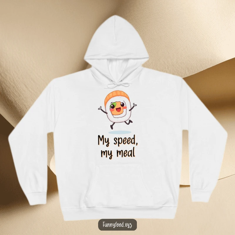 A happy sushi roll depicted running energetically on a soft, warm hoodie, combining comfort and humor.