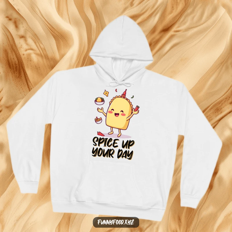 Funny taco character juggling toppings, printed on a warm and humorous hoodie for ultimate comfort and style.