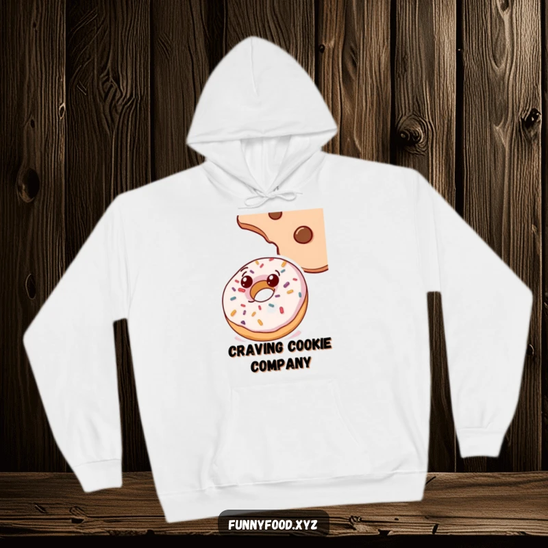 Funny doughnut hoodie, covered in sprinkles, looking up at a cookie with curiosity, a humorous and warm piece of apparel.