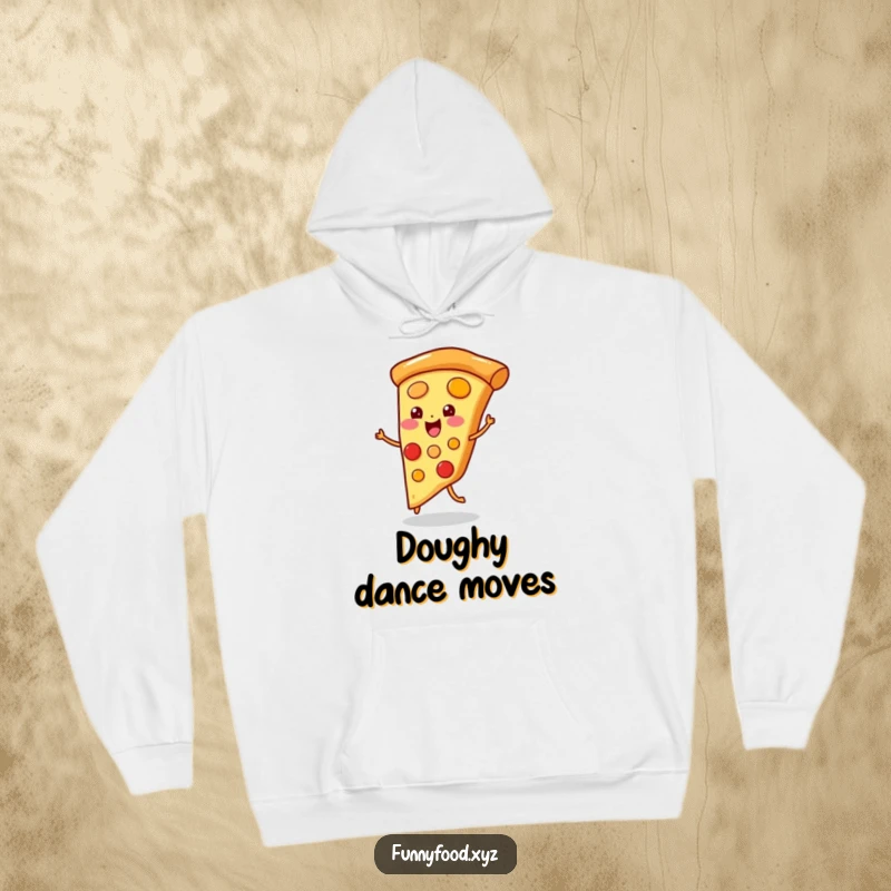 Funny hoodie with a playful pizza slice doing a little jig, looking cheerful and ready to celebrate.