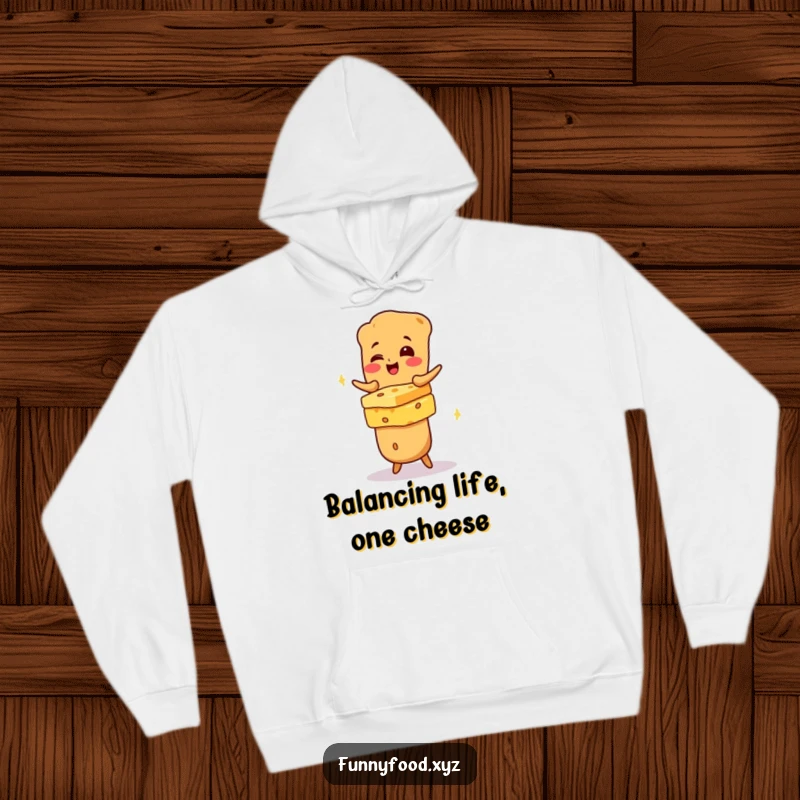 Funny giggling baguette character stacking cheese, featured on a cozy hoodie for ultimate comfort and comedic effect.