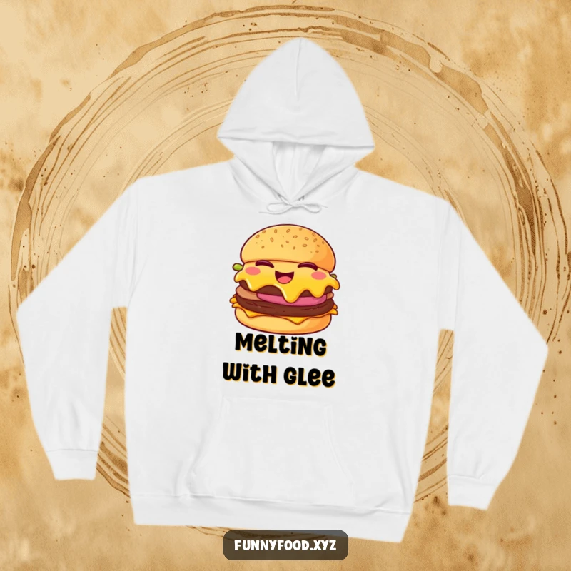 Funny cheeseburger hoodie, showing a cheeseburger winking with melting cheese, warm and comfortable with a humorous design.