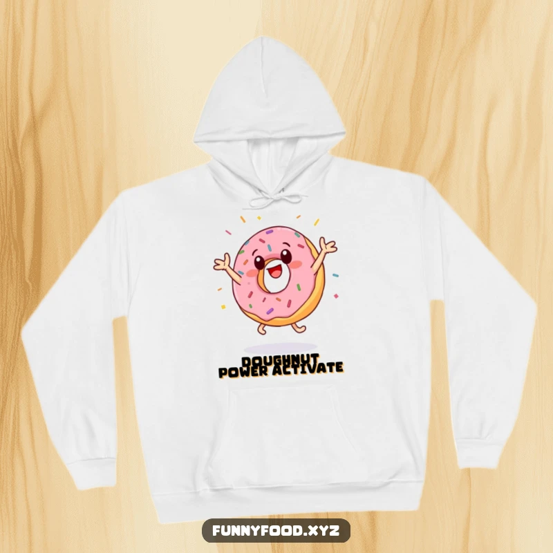 Funny donut hoodie showing an anthropomorphic donut enthusiastically doing jumping jacks, surrounded by a whimsical explosion of sprinkles for ultimate humor.