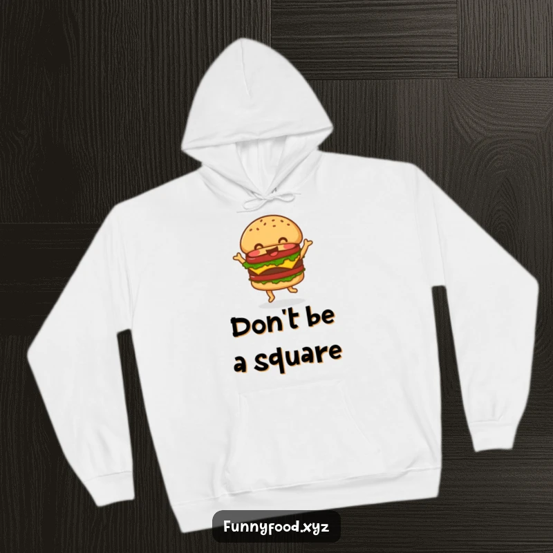 Funny Hoodie showcasing a jolly hamburger doing a lively dance, radiating happiness and perfect for cozy, humorous wear.