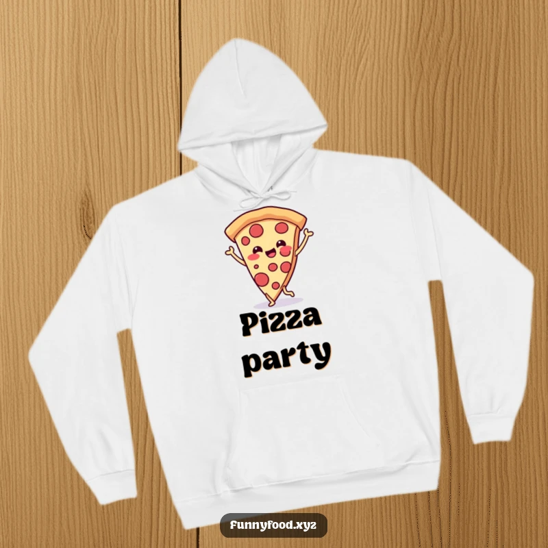 Funny hoodie depicting a cheerful pizza slice with legs dancing joyfully, offering warmth and a touch of delicious humor.