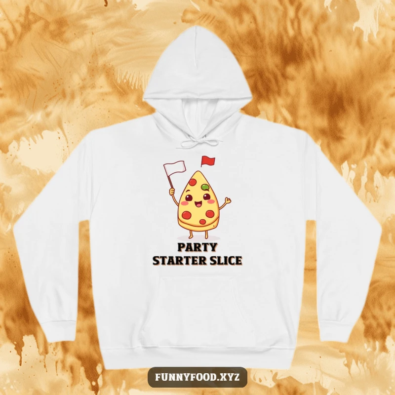 Funny pizza hoodie, a cheerful pizza slice waving a small flag, cozy and perfect for cold days.