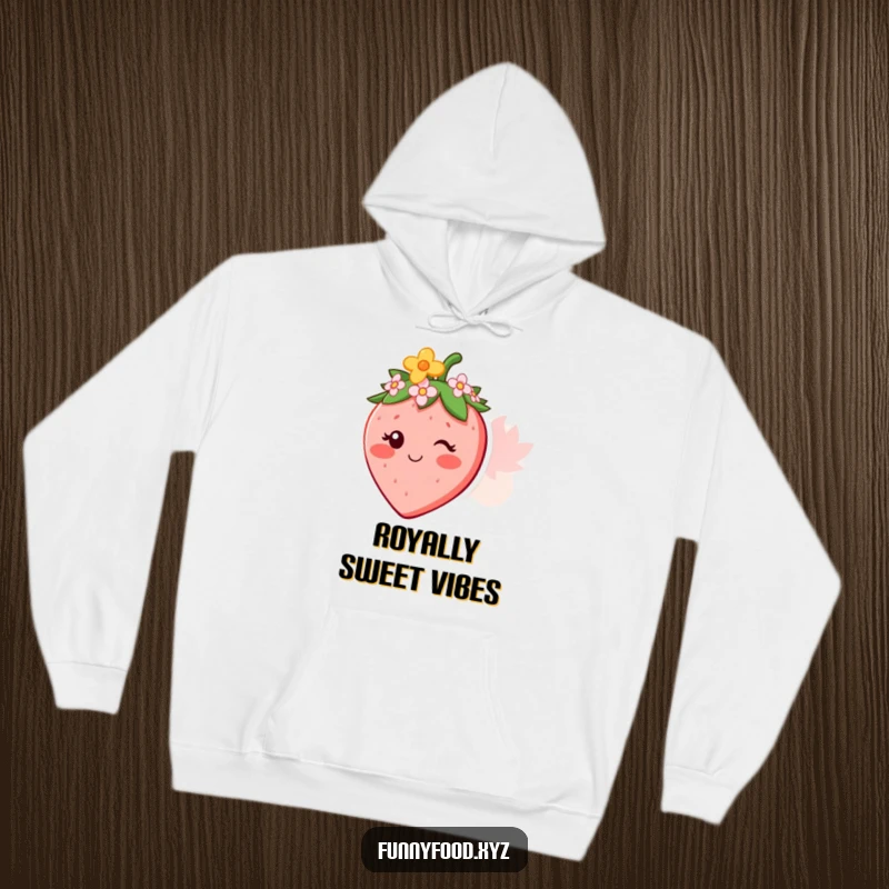 Funny hoodie with a smiling strawberry character wearing a petite, elegant flower crown, looking delightful.