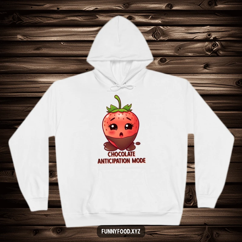 Funny strawberry hoodie, eyes wide in shock, anticipating a chocolate dip, a humorous and cozy design for chocolate lovers.