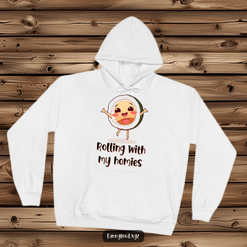 Funny hoodie showcasing a delighted sushi roll in mid-air performing a dynamic cartwheel of pure joy.