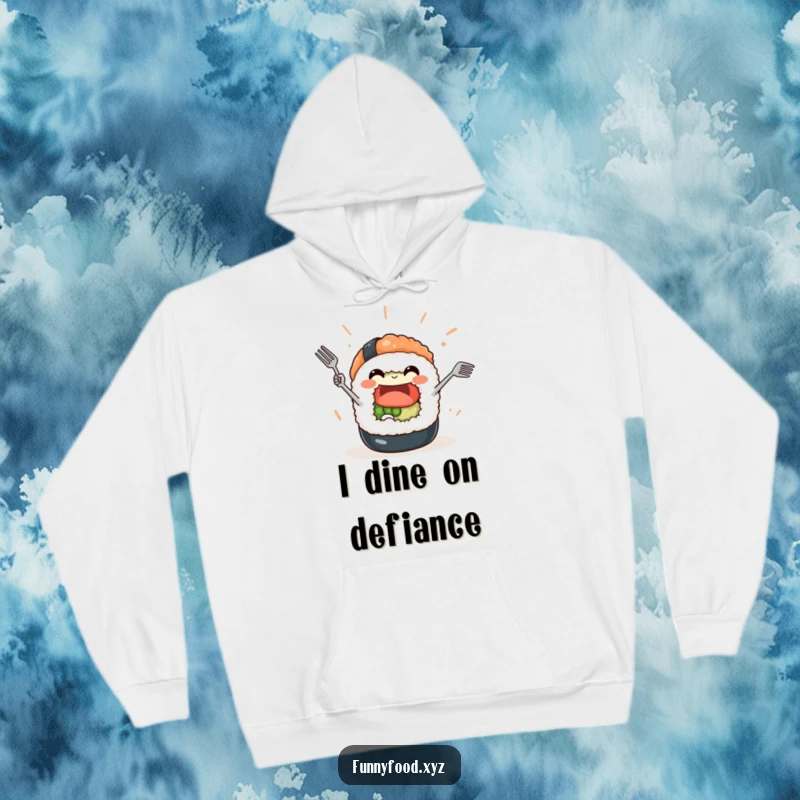 Funny Sushi Roll Hoodie: A content sushi character precariously juggles miniature forks, a comical and cozy design.