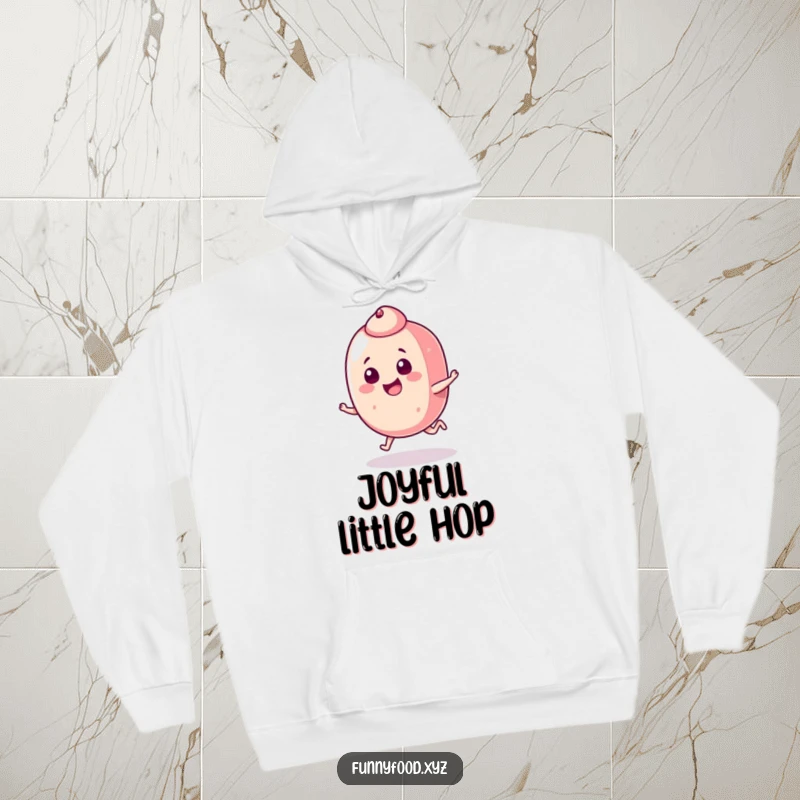 Funny candy piece hoodie showcasing a happy candy mid-hop, perfect for staying warm and bringing smiles.