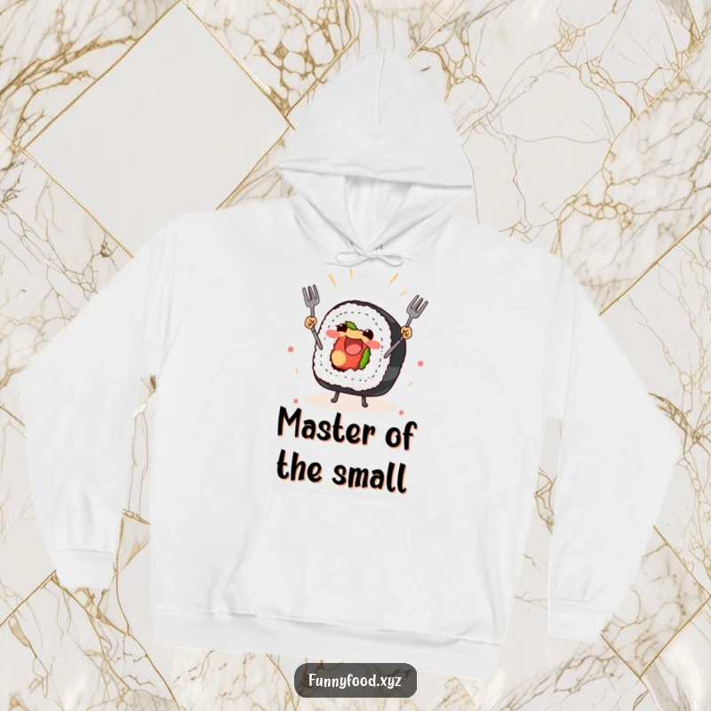 Funny hoodie featuring a joyful sushi roll juggling forks, perfect for cozy and stylish wear.