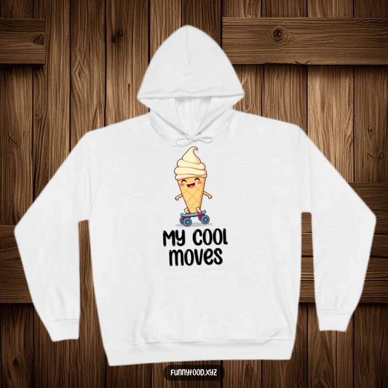 Funny ice cream cone hoodie with a smiling character expertly riding a tiny roller skate, offering warmth and a whole lot of fun.