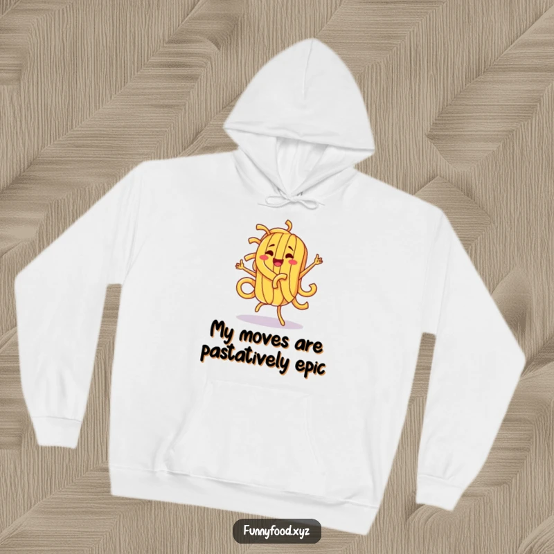 Funny pasta character lost in a joyful, silly dance, featured on a warm hoodie for maximum comfort and humor.
