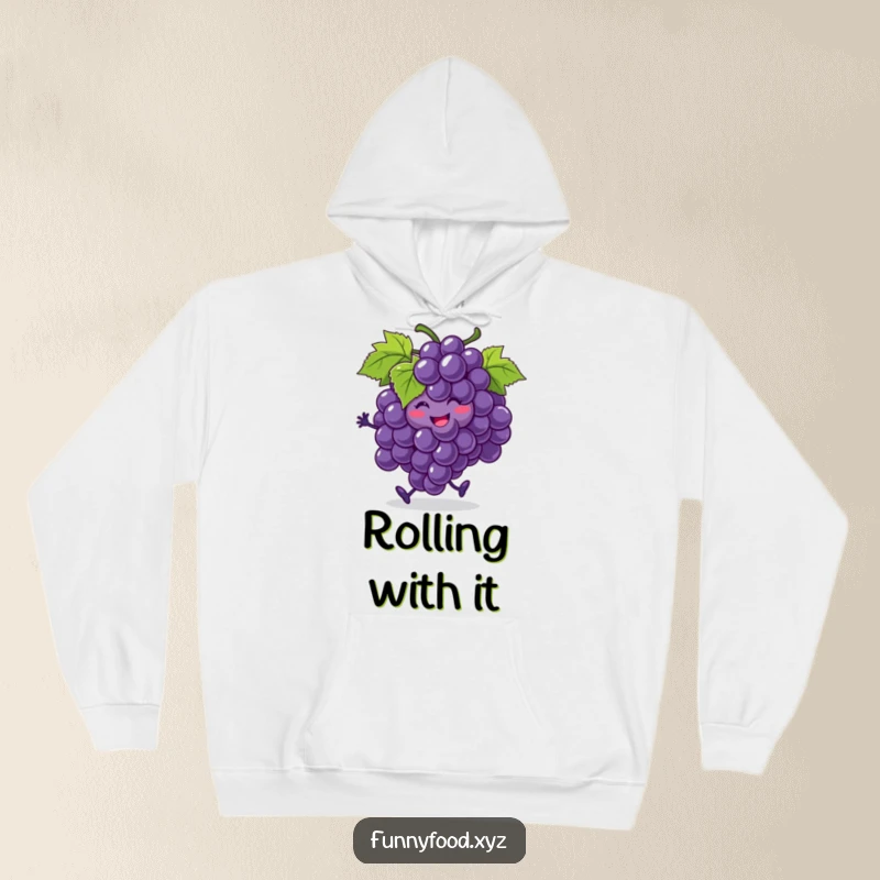 Funny smiling bunch of grapes hoodie, doing a jig, with one grape rolling, a humorous and cozy piece of fruit-themed apparel.