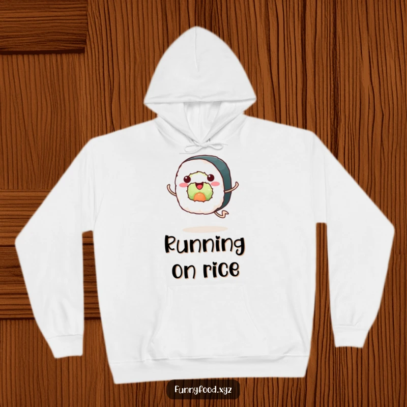 Funny sushi hoodie, a happy sushi roll with legs running enthusiastically, warm and perfect for cozy days.
