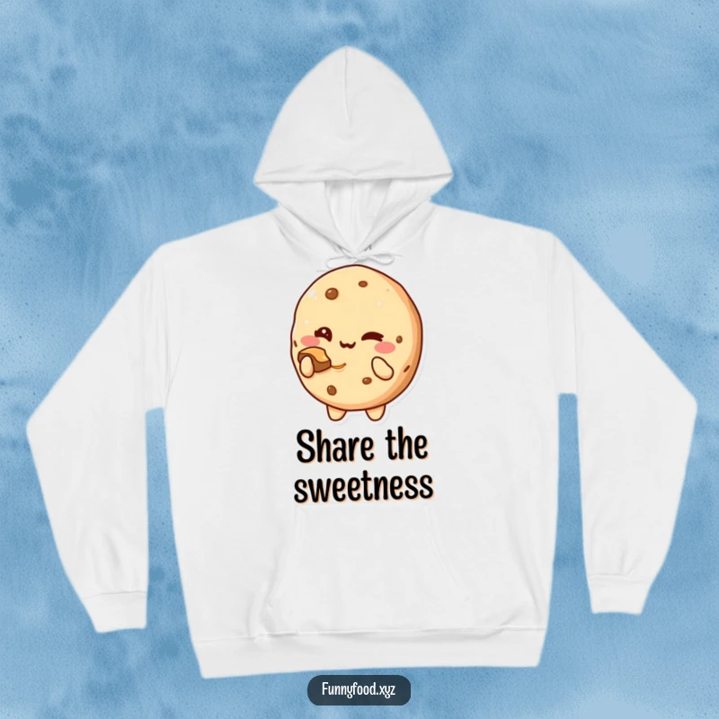 Funny Hoodie: A cute cookie character with a playful wink, offering a delicious bite.