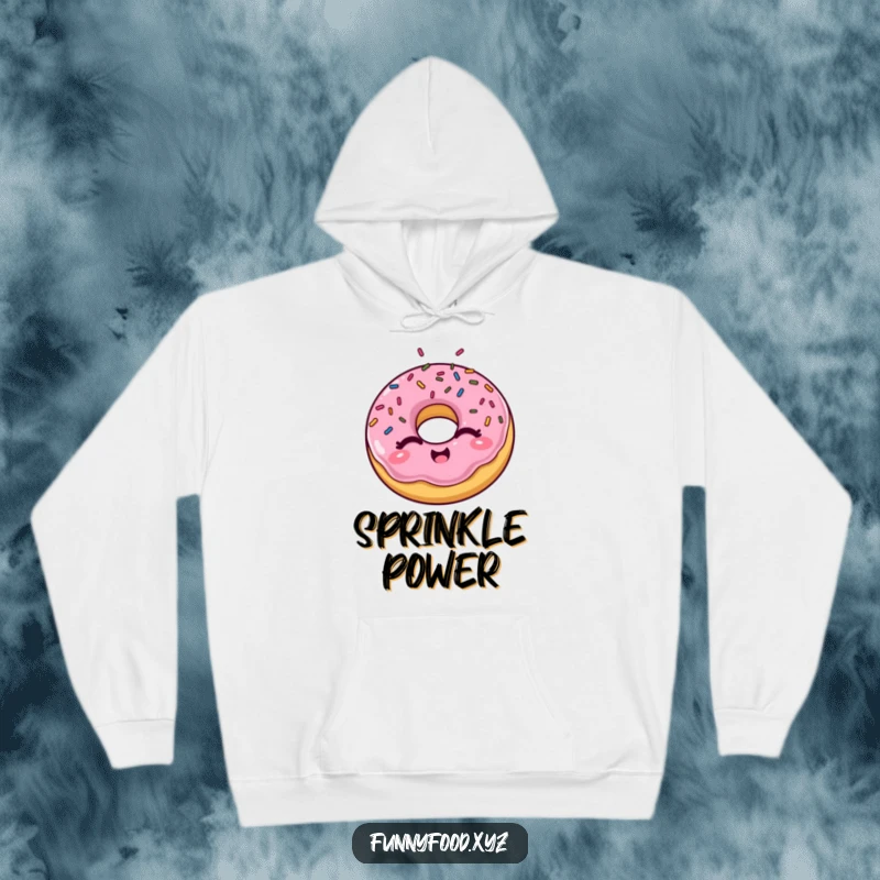 Funny winking donut hoodie, warm and cozy, with sprinkles playfully popping out for a cheerful look.
