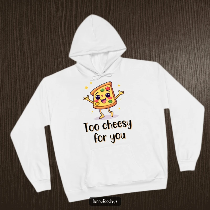 Funny hoodie depicting a joyful pizza slice with legs performing a dynamic disco dance, celebrating fun and deliciousness.